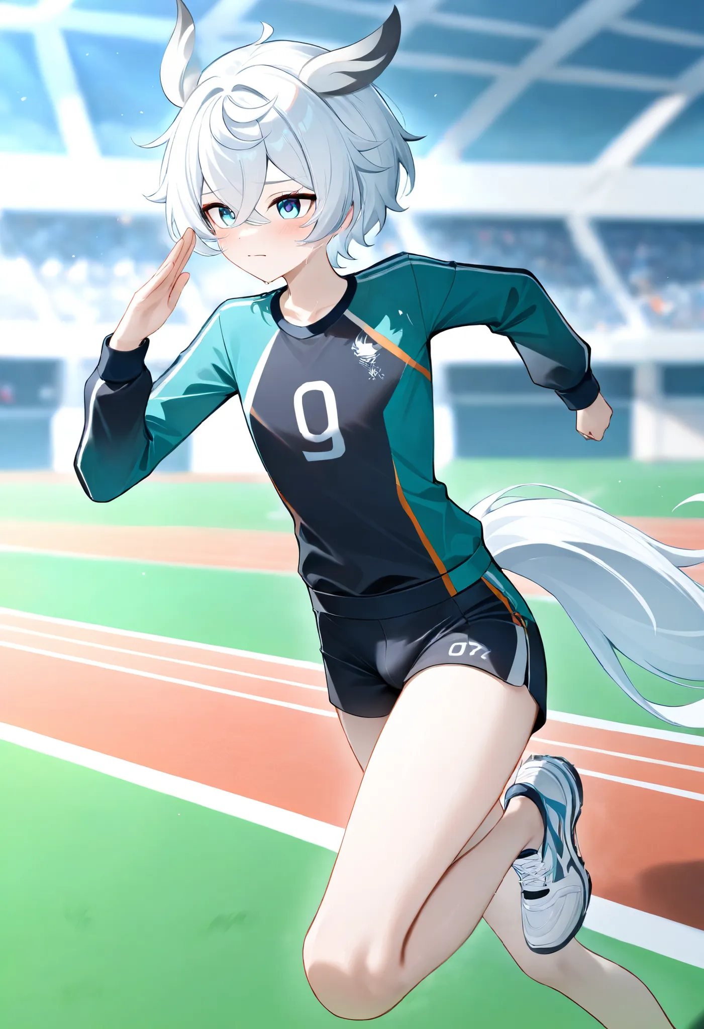 score_10,score_9,score_8_up,score_7_up, masterpiece, best quality, lighting, pale skin, detail eyes, ferpect eyes,
1femboy,
solo, sideways view
Short hair, white horse ears, white long horse tail
closed mouth,,
Blue eyes,
singel sleeves
eye pattern
flat c...