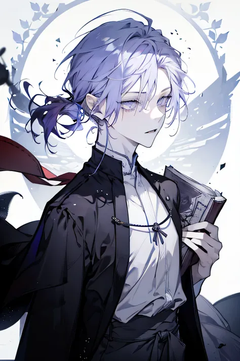 One 20 year old guy,  male, upper body, From the waist up, purple hair carrying a book, purple eyes, Monk, Monastic Clothes, Priest, purple hair, asymmetrical hair, Single ear hook, no background