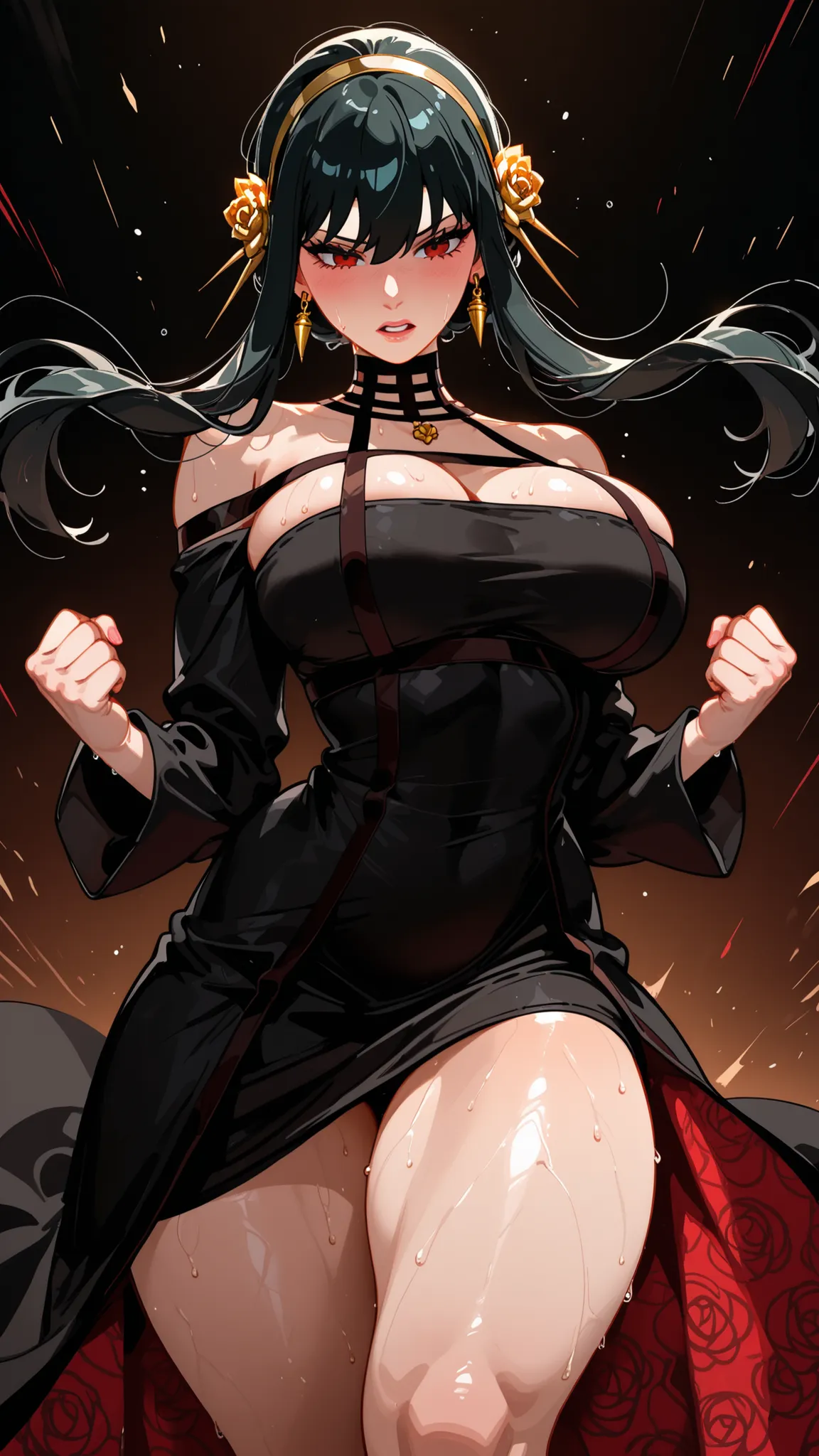 Yor Briar_long black hair, big breasts, white tiara, long black dress, sexy thighs, slit, longs sleeves, sexy thighs, light wind, drenched in sweat, clenched fists, attack pose