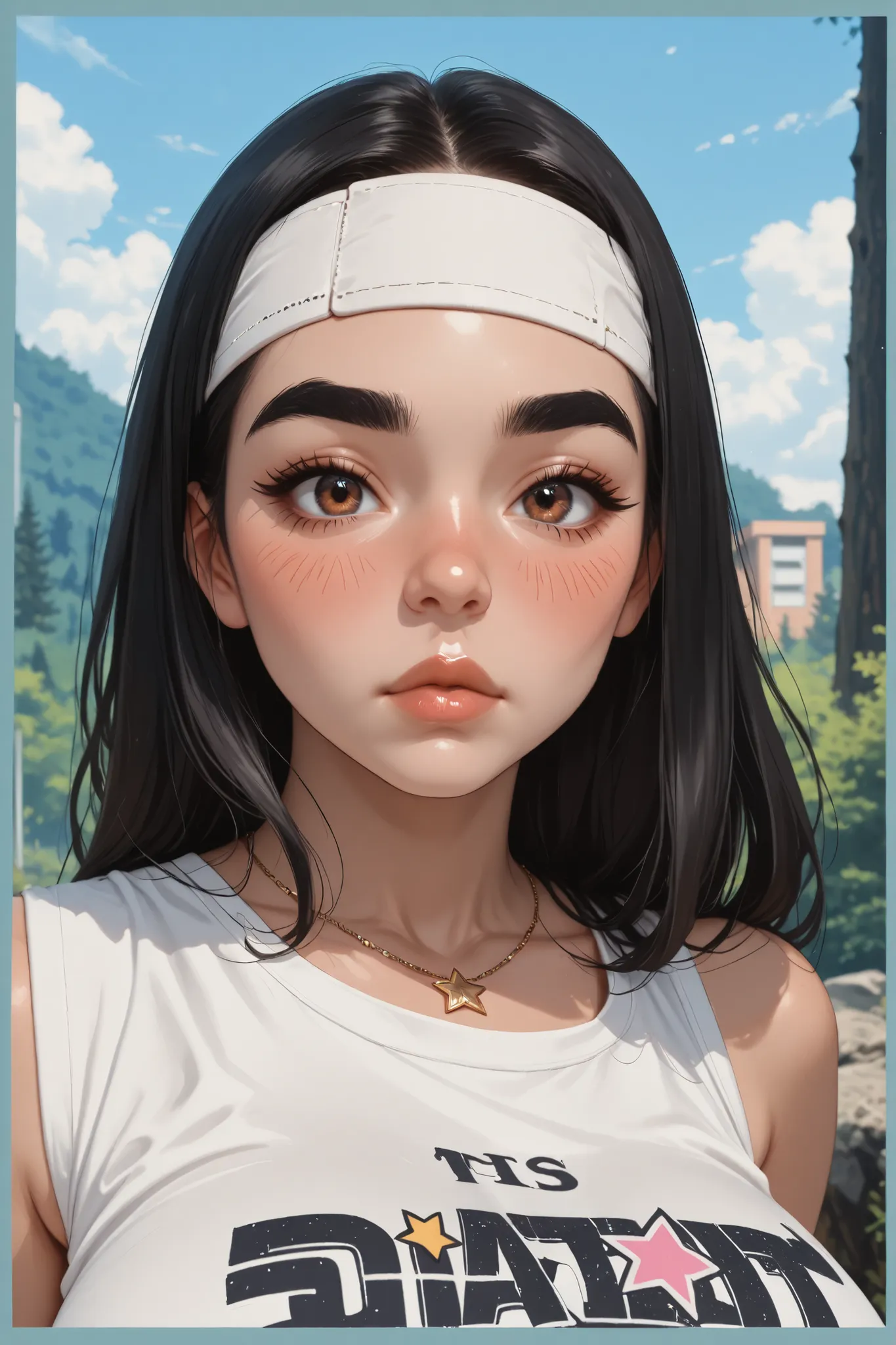 perfect face, face, long hair, black hair, (bandhead), (white bandhead), black eyebrows, thick eyebrows, brown eyes, black eyeliners, blush, nose, thick lips, beautiful woman, necklace star, huge breasts, tank top, white tank top, forest, cloud sky