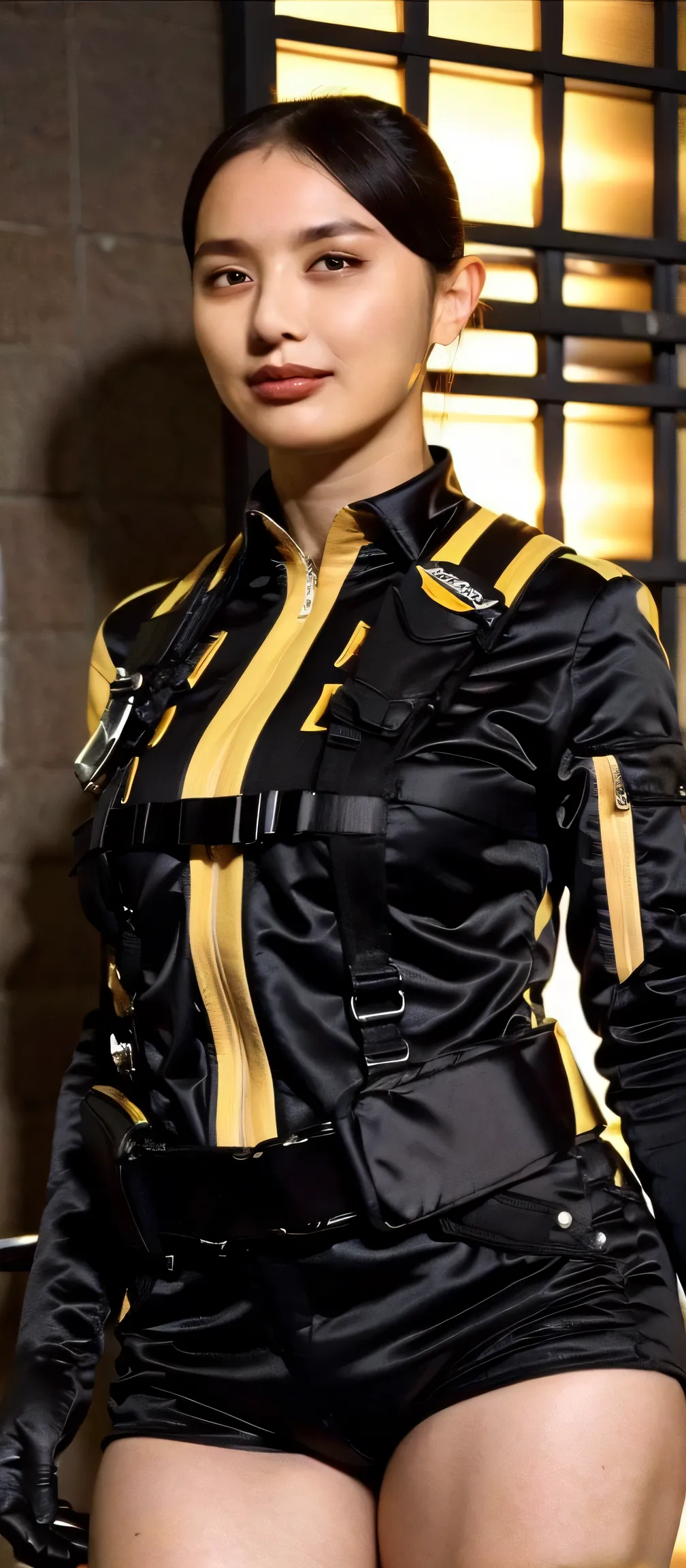 (   Extremely Realistic ), ( top quality), ((round,         SMALL AND PRECISE FACE        )),black gloves,black shorts, boots,jacket,shorts, black hair ,big boobs, big boobs, adult woman , Her breasts are so big and plump   .,  ,   The clothes are perfect ...