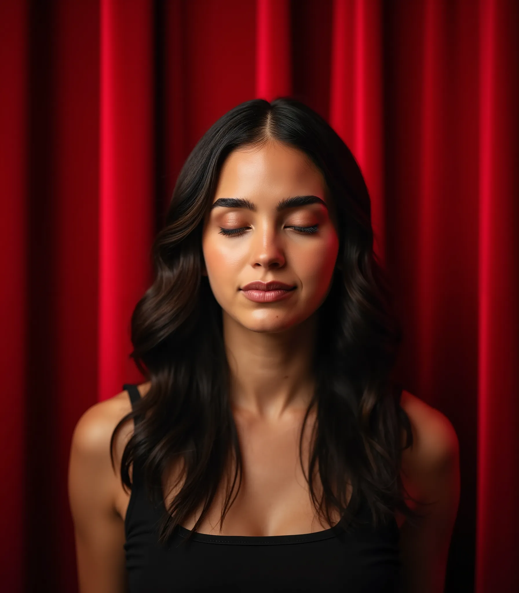 mel_barrera, A studio photography of a beautiful woman with her eyes closed, shot on sony a7riv camera, indoor, stage, magic show, magic show stage, red curtains, soft diffused studio lighting, minimalistic, photorealism, 4k resolution, ultra high quality,...
