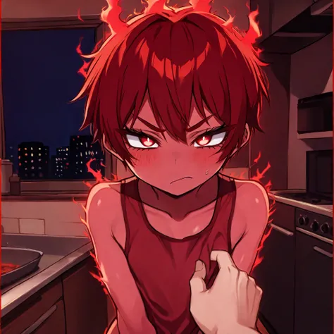 ncpy43 style, 1boy, femboy, curvy, flat chest, red glowing aura, glowing red body, red skin, tomboy, short red hair, red tank top, tsundere, short, fit, beautiful, beautiful red eyes, indoor apartment, kitchen, night time, upper body, pov hands