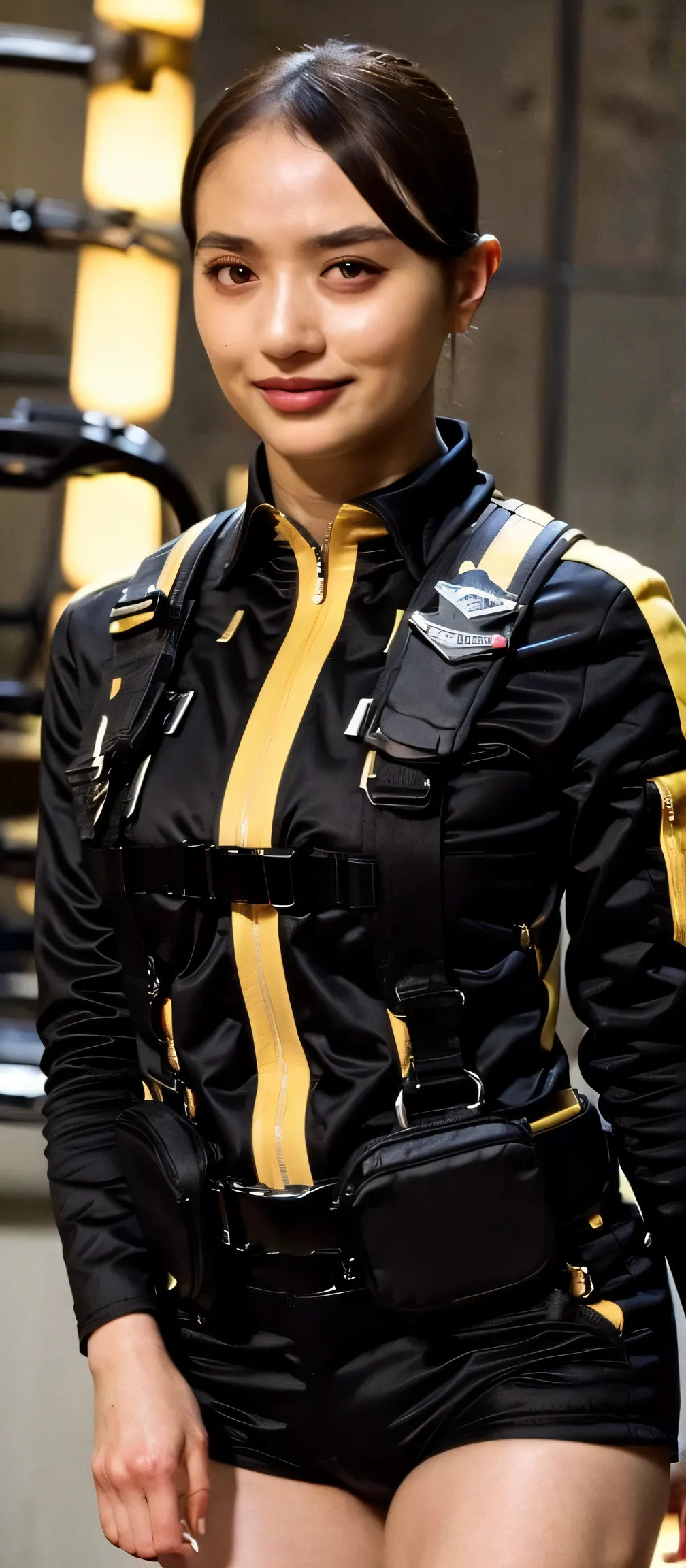 (   very realistic ), ( top quality), ((round,       SMALL AND PRECISE FACE      )),black gloves,black shorts, boots,jacket,shorts, black hair ,big boobs,  adult woman , Her breasts are so big and plump   .,  ,   The clothes are perfect for that figure ,Be...