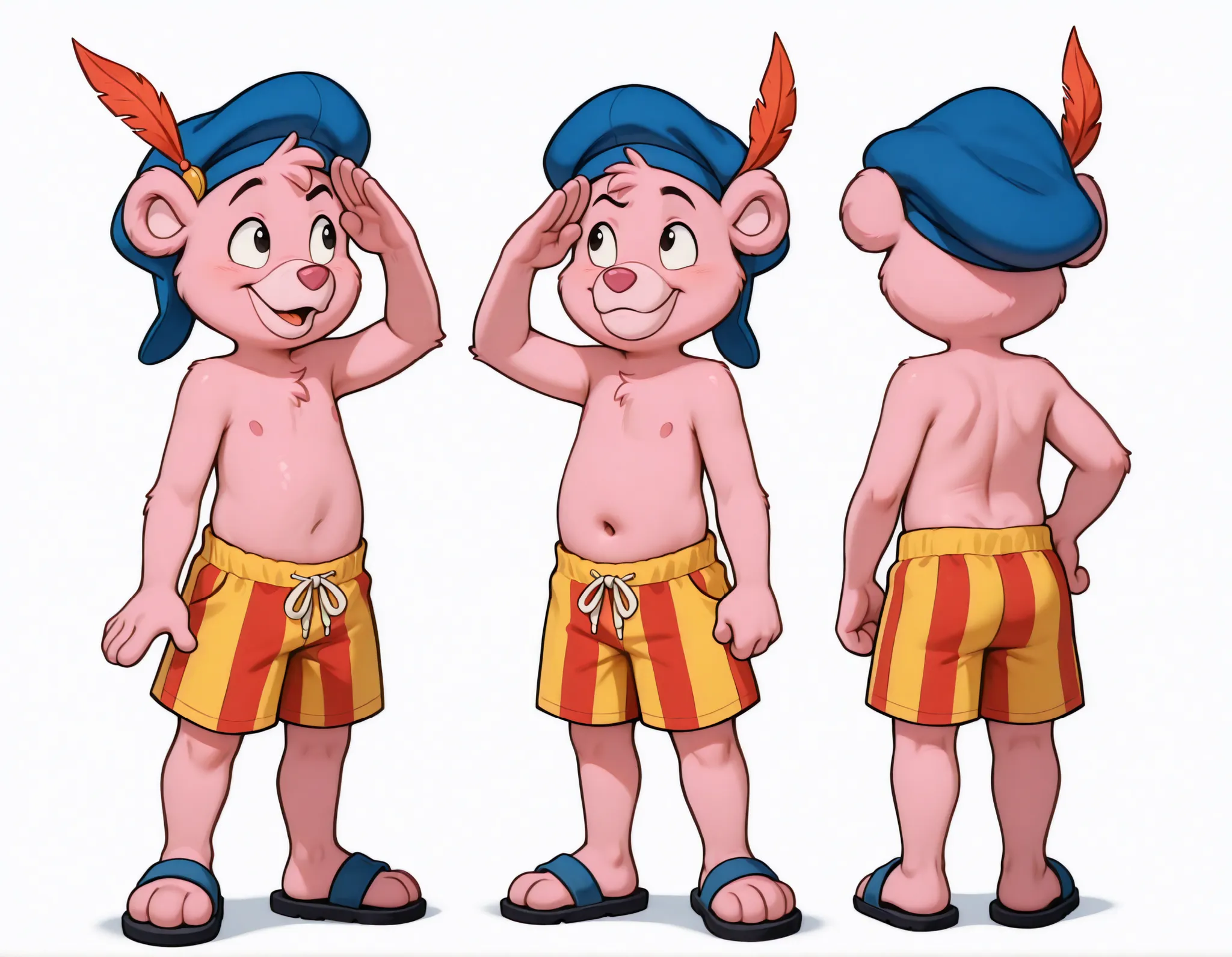 score_9, score_8_up, score_7_up, (masterpiece, best quality, very aesthetic, absurdres, source furry, artist:sakura, shaded, cubbigummixl, amazing quality, absurd res, newest, masterpiece, anthro, solo, pink bear, blue hat with feather, striped swim trunks...