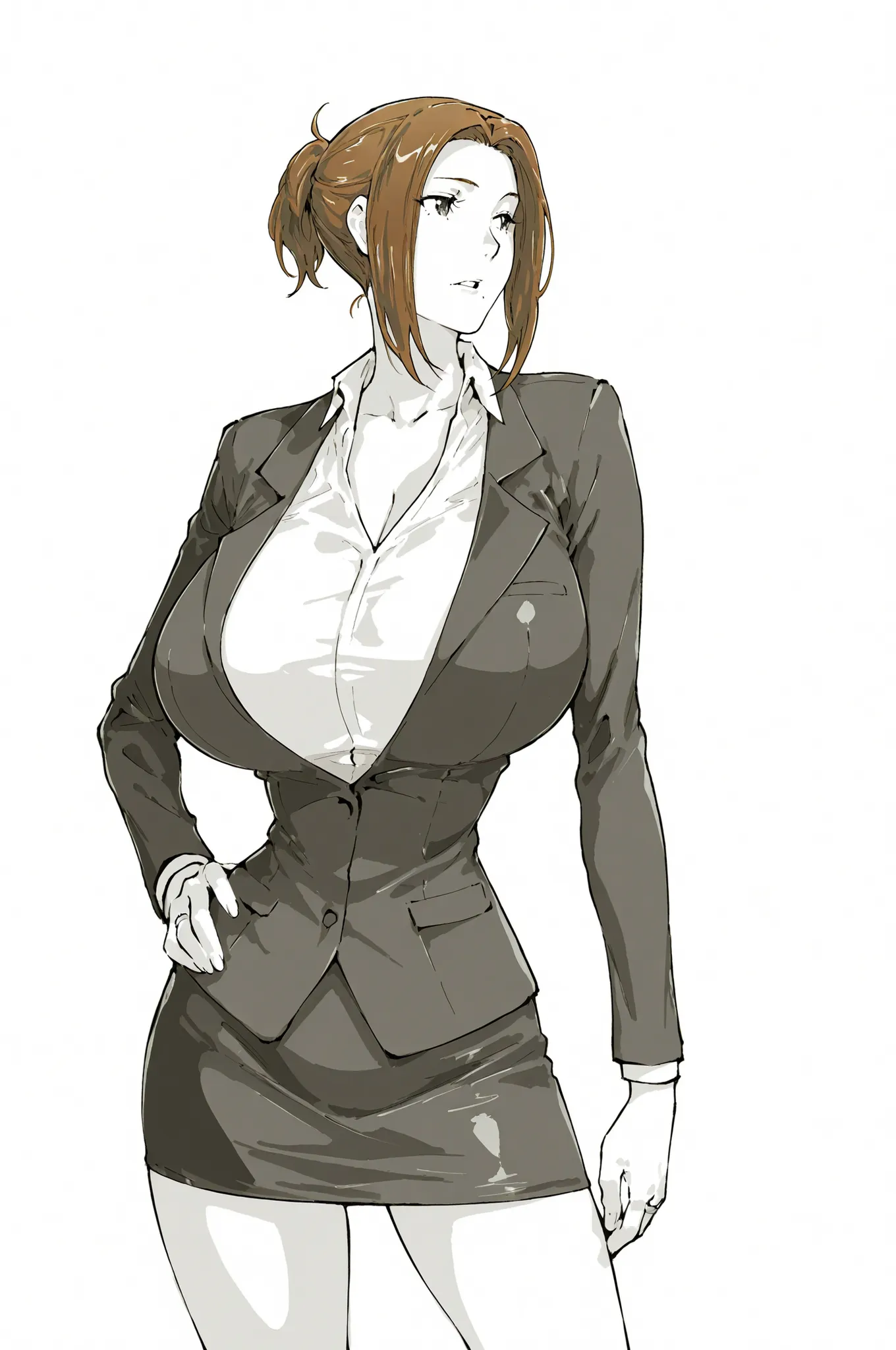 mtsp_kyouka,brown hair,large breasts,mature female,short ponytail,taimanin (series),straight-on,(painterly, greyscale, manga style,cel shading,simple shapes, simple artstyle,high detail),{artstyle: Yoneyama Mai,iwao178,cirenk,ebora,kirome (kamipaper)},prof...