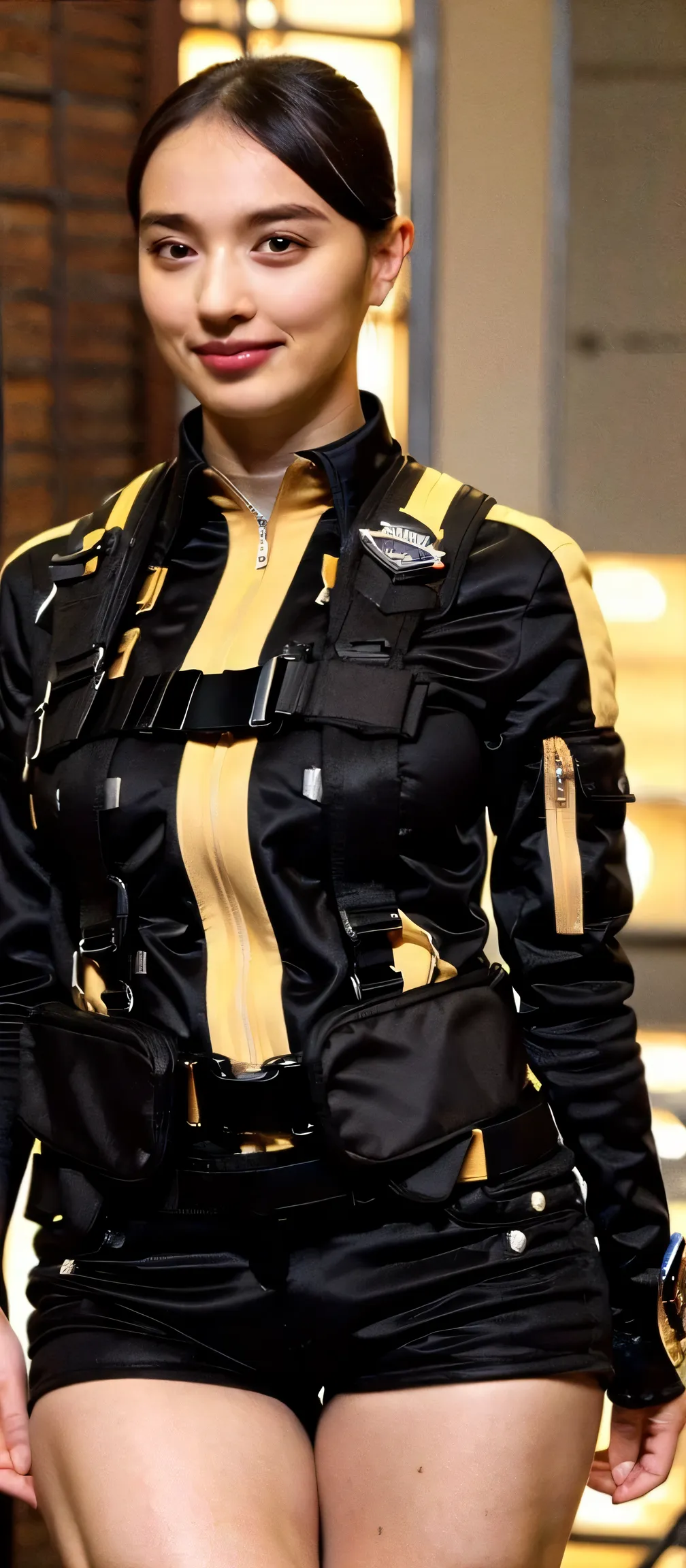 (   very realistic ), ( top quality), ((round,       SMALL AND PRECISE FACE      )),black gloves,black shorts, boots,jacket,shorts, black hair ,big boobs, big boobs, adult woman , Her breasts are so big and plump   .,  ,   The clothes are perfect for that ...