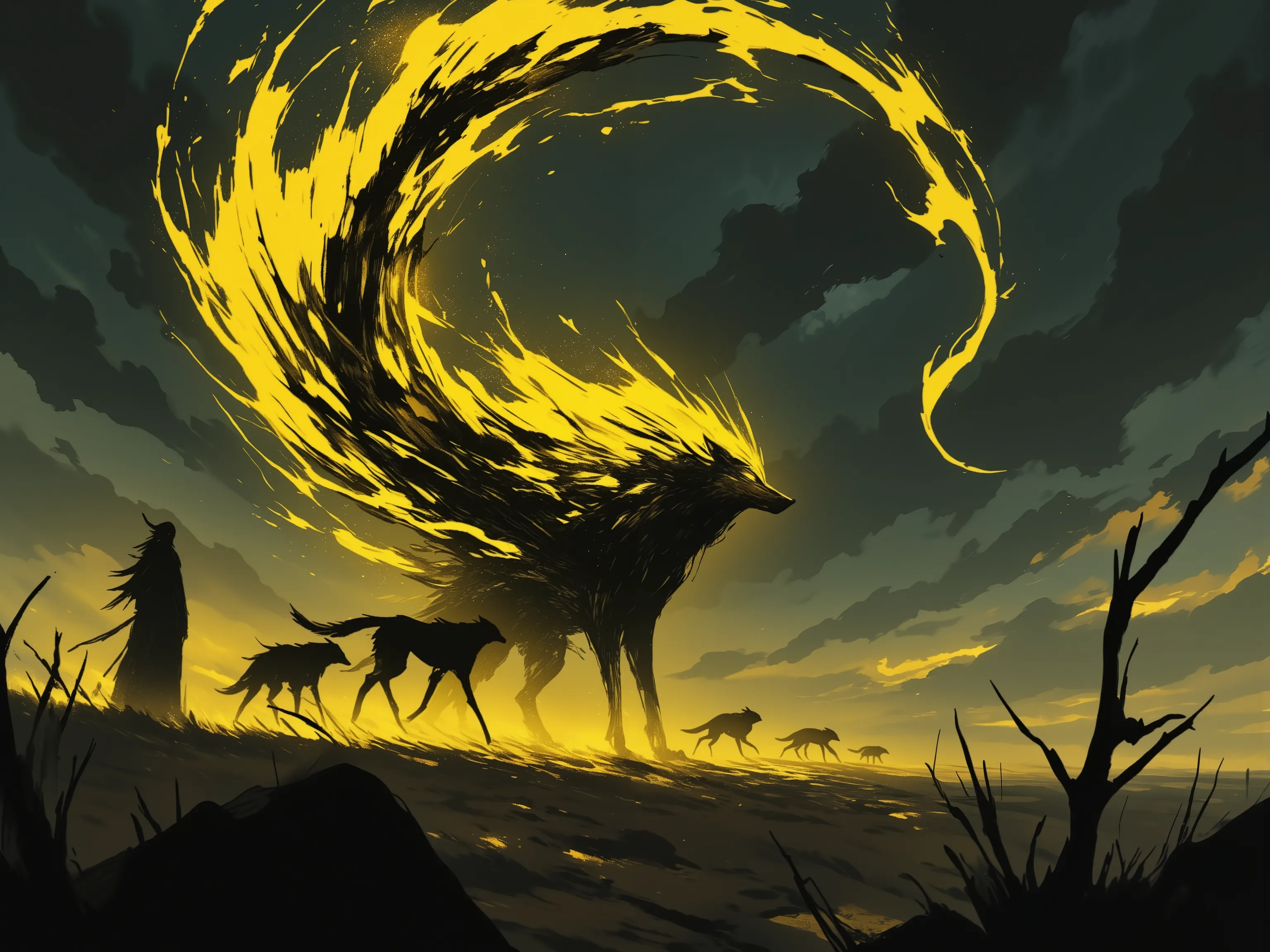 4pp4l4chi4 Folk Horror, NieR, a wolf made up of swirling yellow and black shadows, leading a pack of realistic wolves, in a desert, realistic background, dark clouds