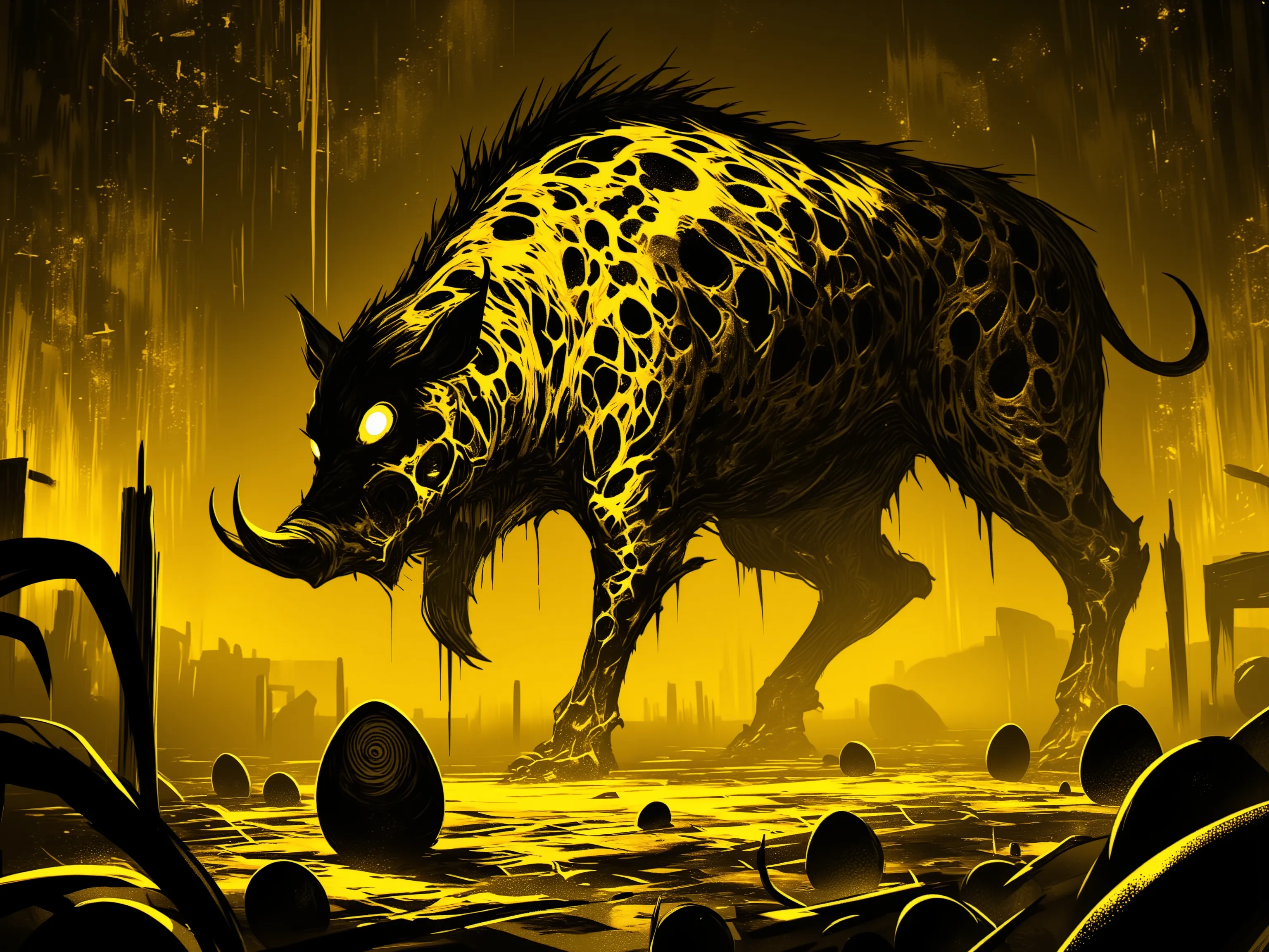 4pp4l4chi4 Folk Horror, NieR, a large boar made up of swirling yellow and black shadows, covered in armor plates, in a brightly lit baroque ballroom, eggs made of swirling yellow and black shadows