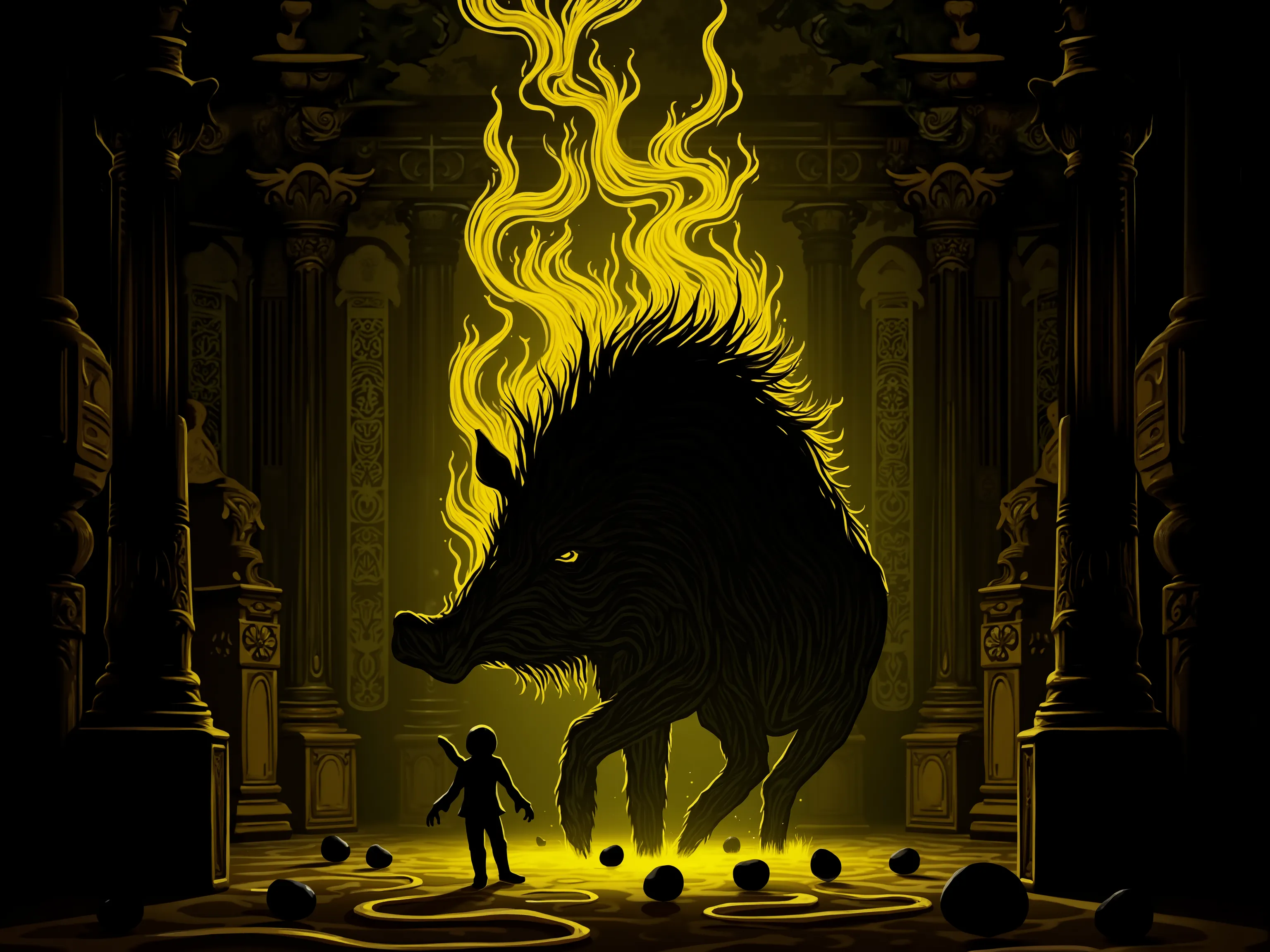 4pp4l4chi4 Folk Horror, NieR, a large boar made up of swirling yellow and black shadows, in a brightly lit baroque ballroom, eggs made of swirling yellow and black shadows