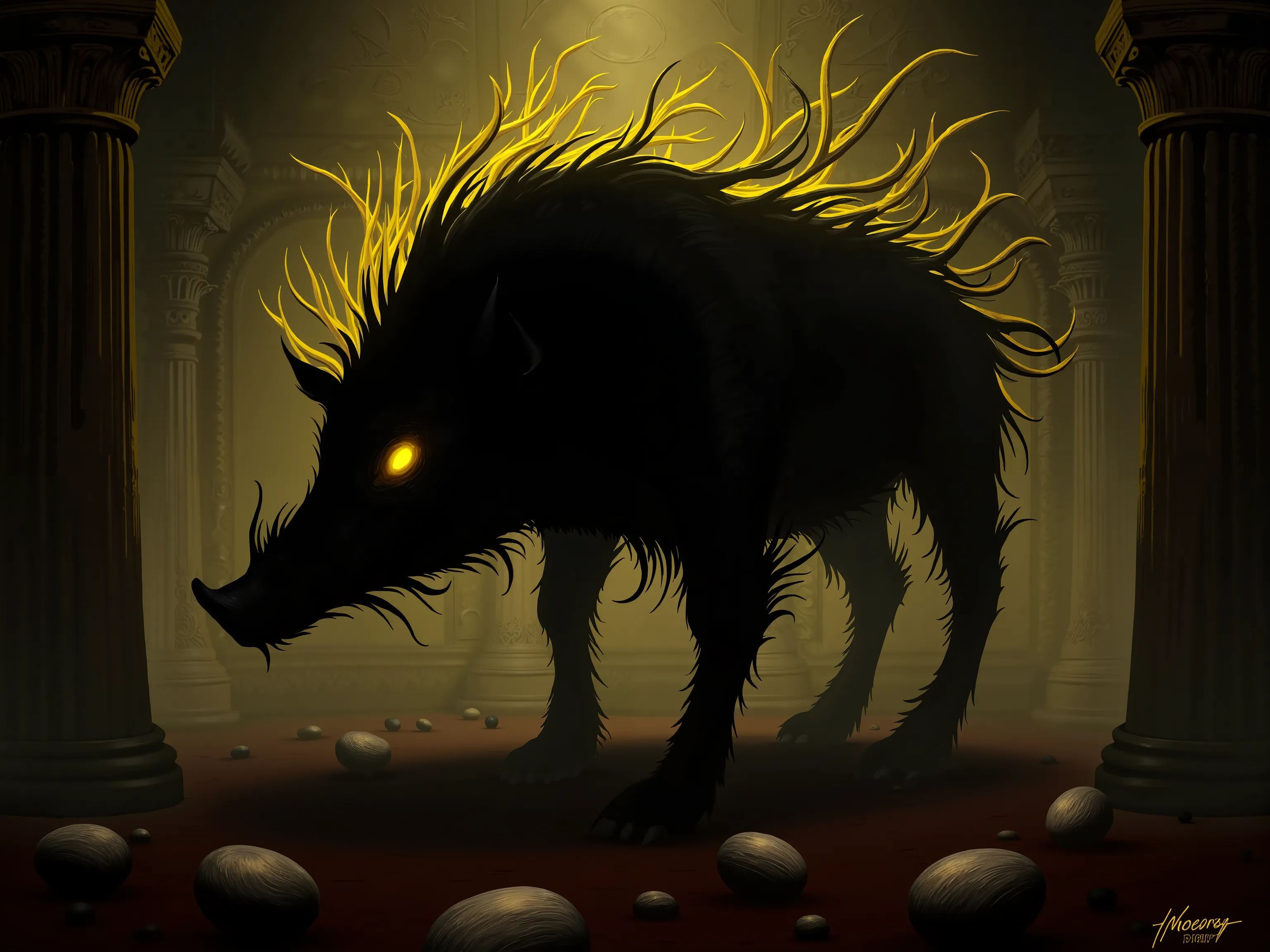 4pp4l4chi4 Folk Horror, NieR, a large boar made up of swirling yellow and black shadows, in a ballroom, eggs made of swirling yellow and black shadows