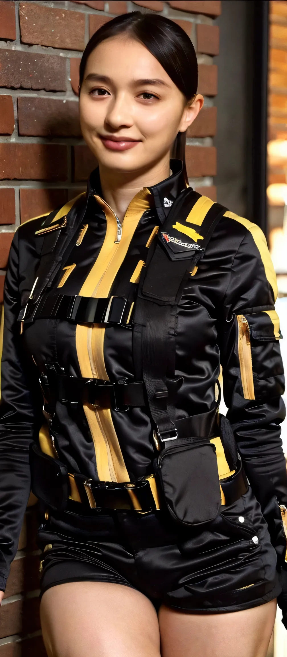 (   very realistic ), ( top quality), ((round,       SMALL AND PRECISE FACE      )),black gloves,black shorts, boots,jacket,shorts, black hair ,big boobs,  adult woman , Her breasts are so big and plump   .,  ,   The clothes are perfect for that figure ,Be...