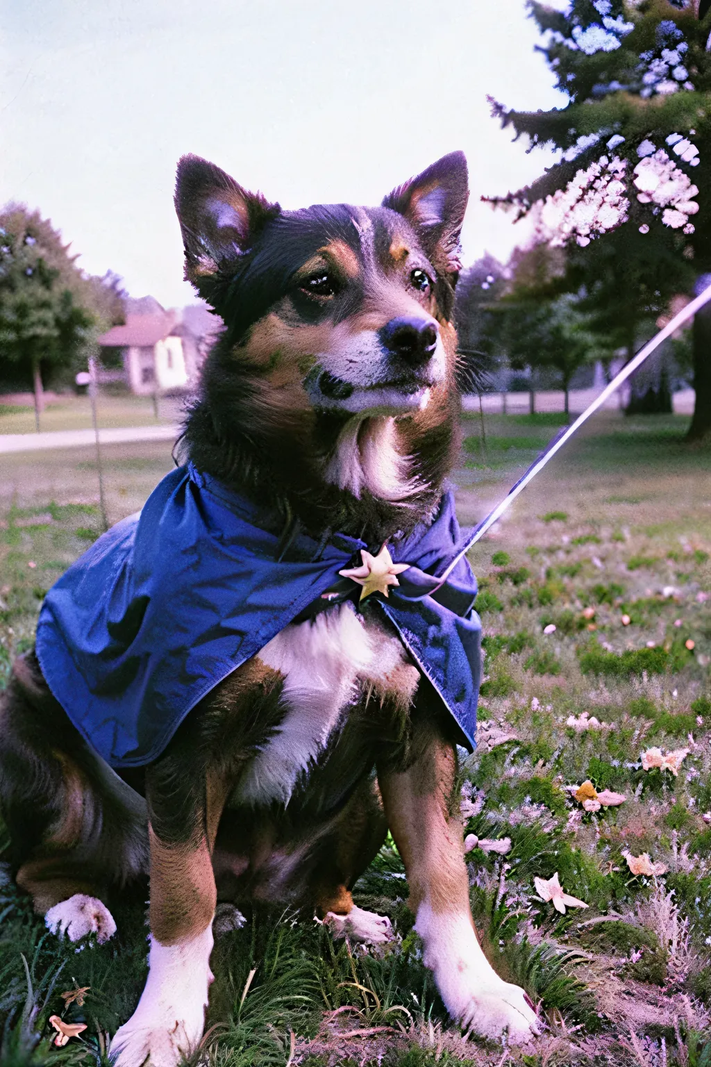 on the grass,dog wearing a cape using a magic wand,Dream Core,Film-style ,The picture shows a five-pointed star