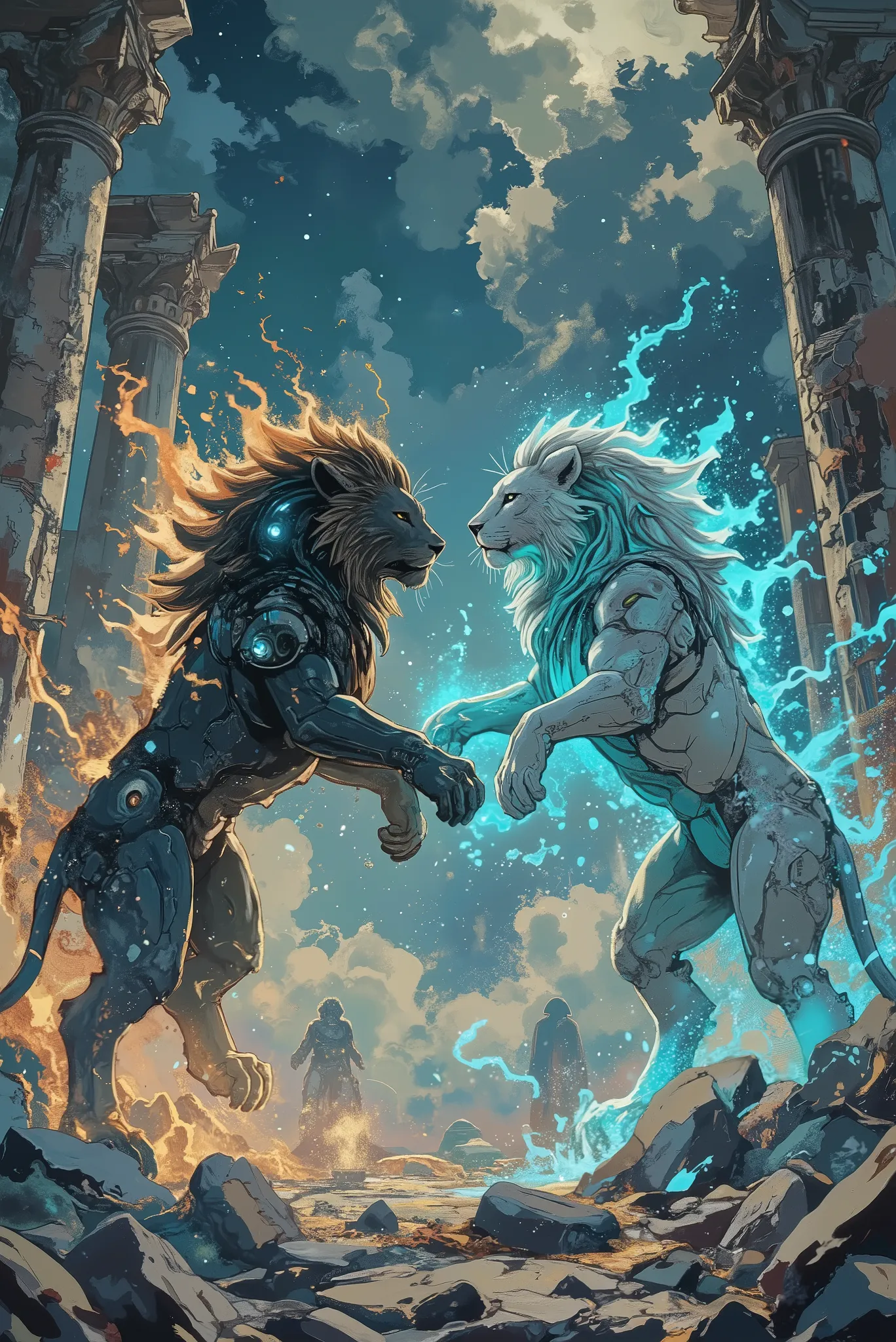 Two mighty lions, half cyborgs with neon manes, half gods, are fighting among the ruins of an ancient unearthly temple. Their manes glow with magical cold holographic flames — one turquoise like the sea, the other silver like the moon. With every step, cra...