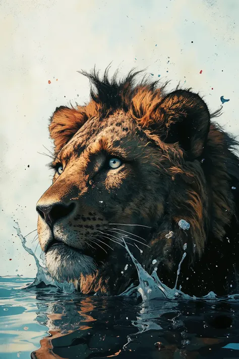 A majestic powerful lion with piercing ice-blue eyes is partially submerged in crystal clear water, only his head is visible above the surface. The water sways slightly around his muzzle, creating a soft splashing effect. The lion's fur is wet and slightly...
