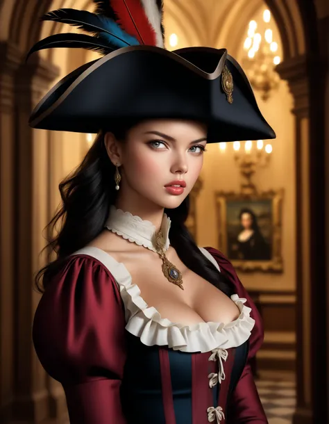 Adriana Lima, sexy colonial costume, tri corner hat with plume, detailed facial features, alluring expression, dramatic posture, 5K, high quality, professional photo, ornate interior, baroque architecture, dramatic lighting, chiaroscuro, oil painting, clas...