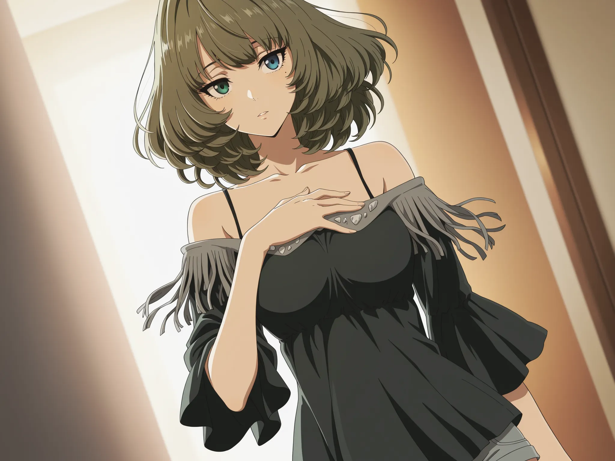 vslinxbleachtybw style,score_9, score_8_up, score_7_up, source_anime,anime creencap, （masterpiece),(best quality),(ultra-detailed),(best illustration),(best shadow),(absurdres),(detailed background),(very aesthetic), , 1girl, solo, takagaki kaede, green ey...
