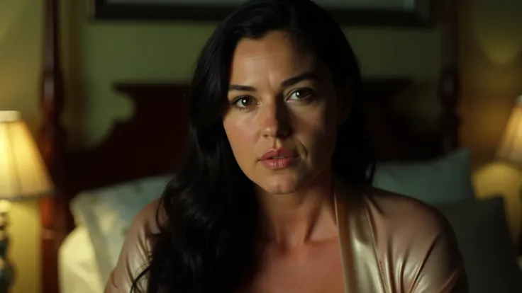 photorealistic intimate selfie: Clara Everett, 42, chubby and overweight, beautiful woman with long dark wavy tousled hair, captivating dark brown eyes, and pale skin. She's wearing a soft silk robe, slightly off one shoulder revealing a hint of bare skin....