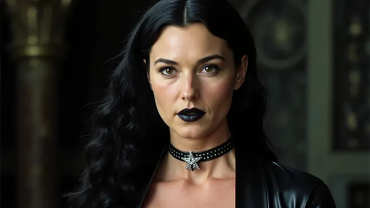 A regal woman with long, curly, raven-black hair cascading over her shoulders. Her face is pale, with striking violet eyes that convey wisdom and intensity. She has a proud expression, highlighted by her slightly crooked nose and pale lips. A black marigol...