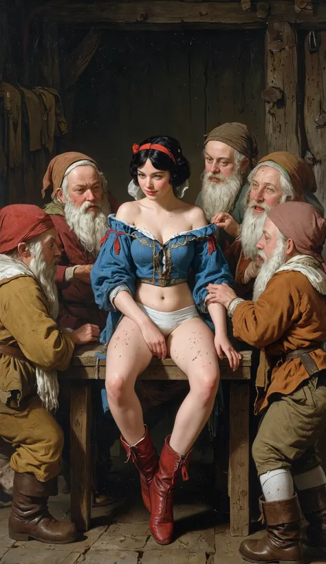 snow white, exploited by wild dwarves、
((nsfv)),
19th century style,
full body,
old photo,
1 girl, 7 guys,
in early summer in 17th century Germany、
Юная snow white сидит на широкой деревянной скамье во дворе дома гномов широко расставив ноги、red boots o...