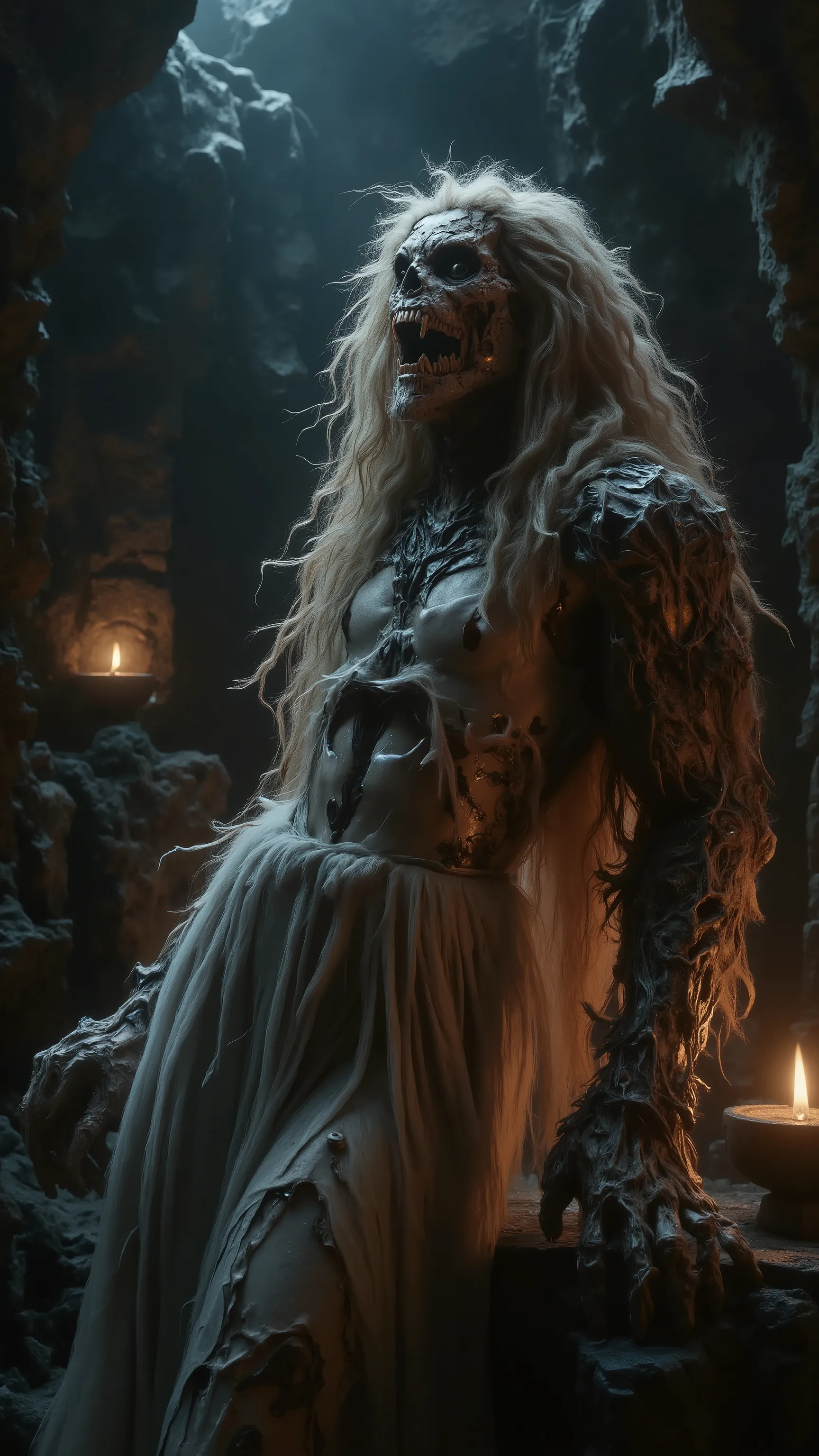 Realistic, Masterpiece, Fine Art 32k, A dramatic scene depicting an ethereal and beautiful European curly cute blonde female figure in flowing, white ancient drapery, engaged in an intimate encounter with a menacing, muscle beast monster.and he touch her a...