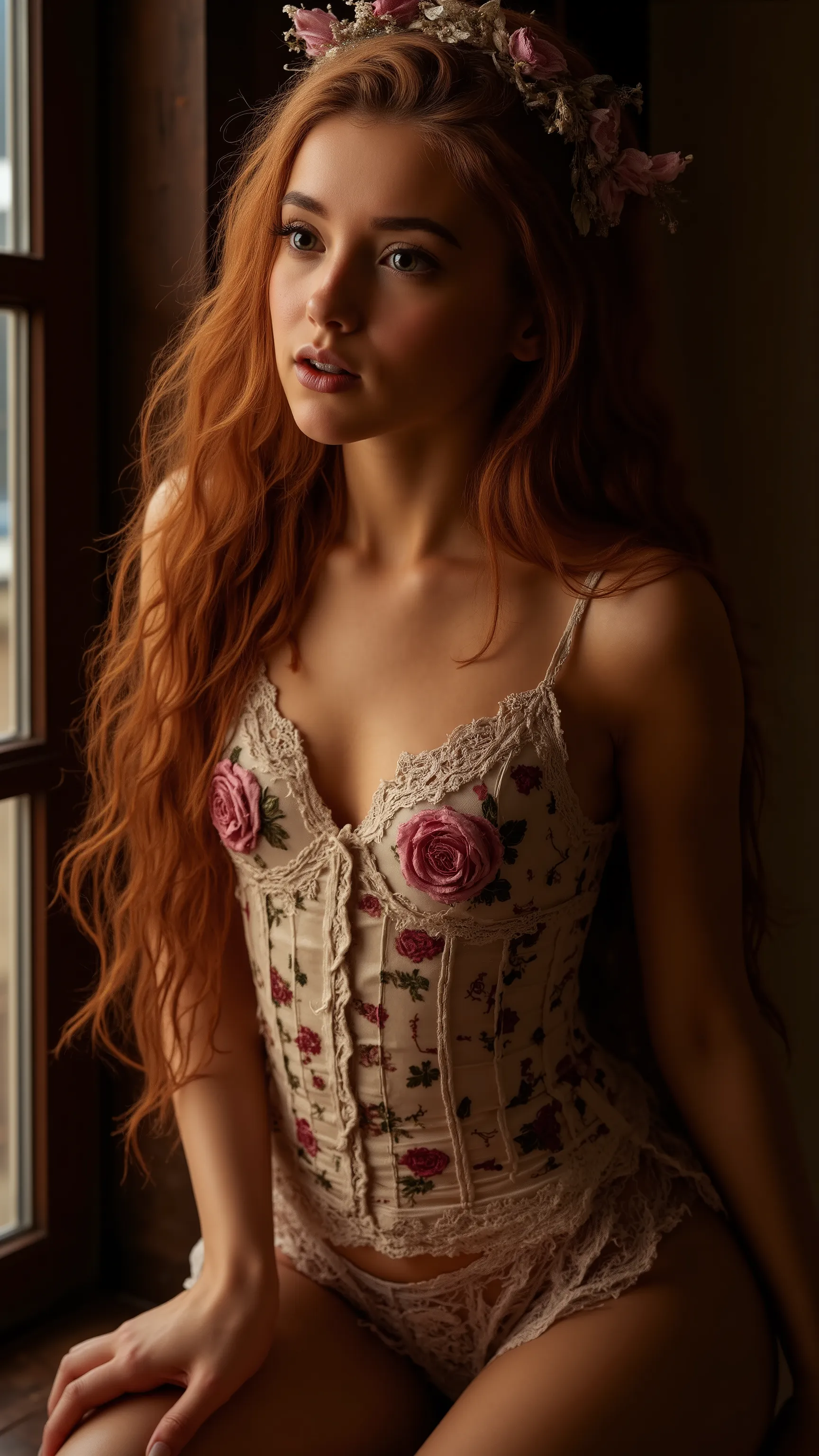 Realistic, Masterpiece, Fine Art 32k, A young woman, light-skinned, with long, flowing light brown hair, wearing a delicate floral-embroidered, cream-colored corset-style lingerie set, featuring lace detailing and a rose flower print. A delicate flower cr...