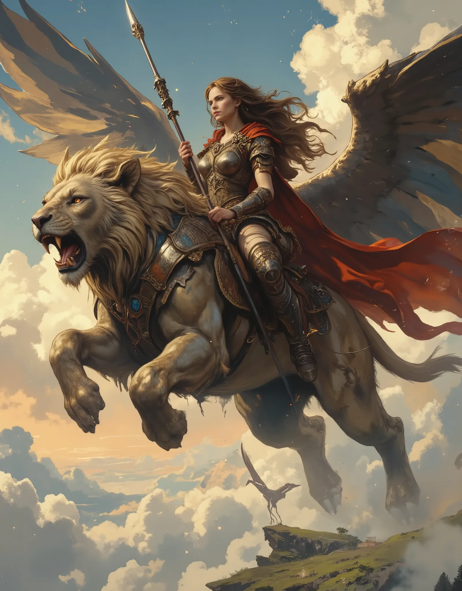 A fierce young woman confidently stands astride a huge lion, her hair fluttering in the wind as they soar through the sky. Dressed in leather armor and a flowing crimson cape, she clutches a silver spear, her gaze fixed on the horizon. The lion beneath her...