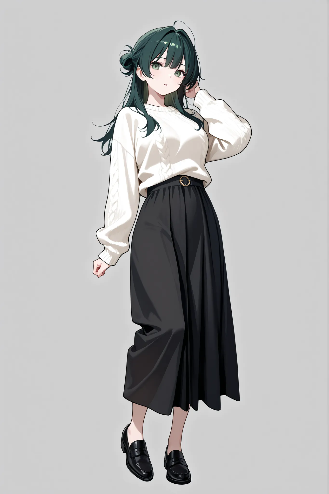 1 girl、standing、No expression、dark green hair、pale green eyes、white sweater、Black Long Skirt、Full Body