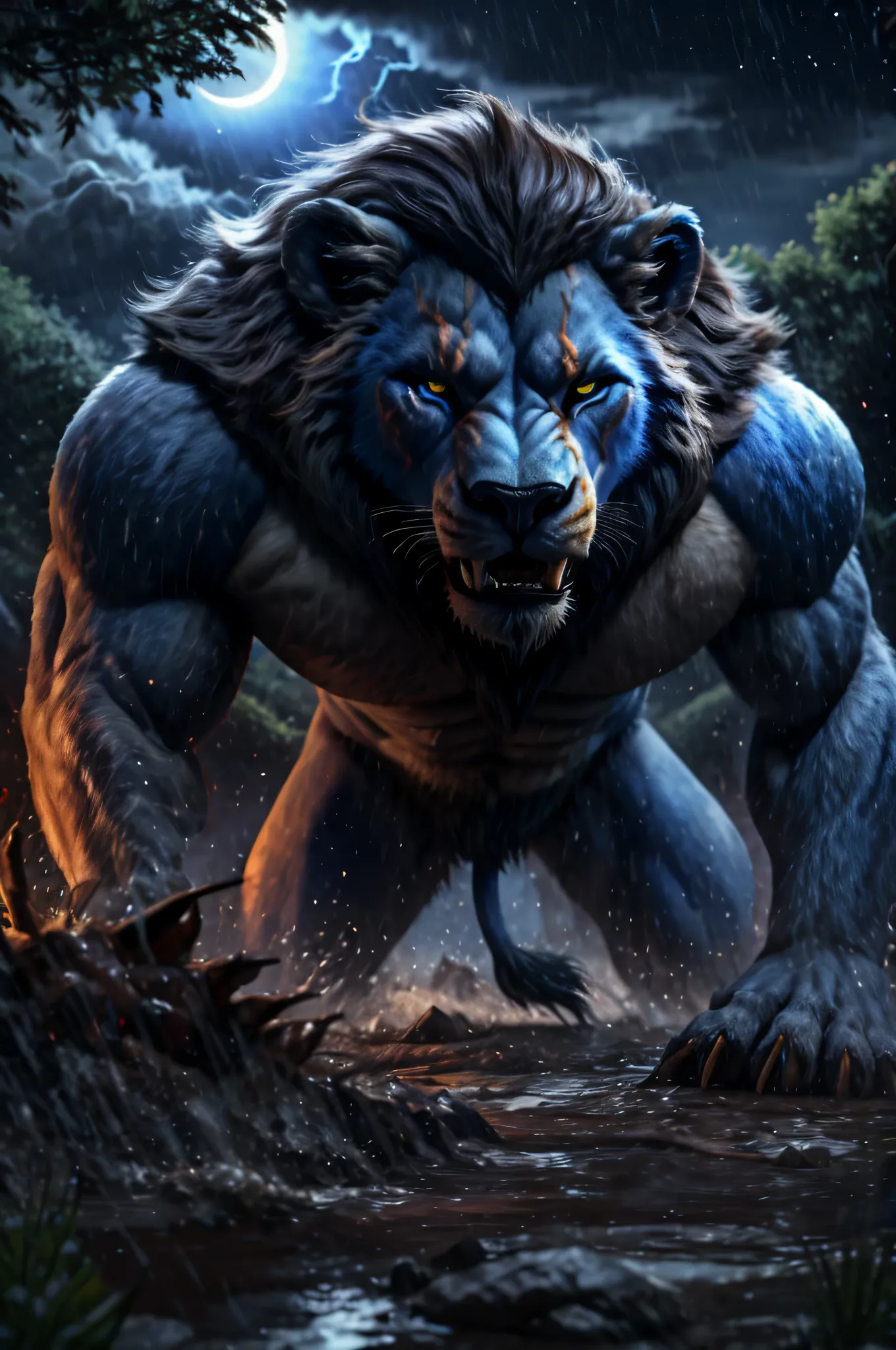 top quality、8k、Highly Detailed CG、blue lion、Heavy rain in the night forest, thunder strikes, terrible lightning in the sky, Heavy rain, moonlight, high-quality, eclipse, Blue lion with scars on his face, scar on blue mystical lion face, blue lion body full...