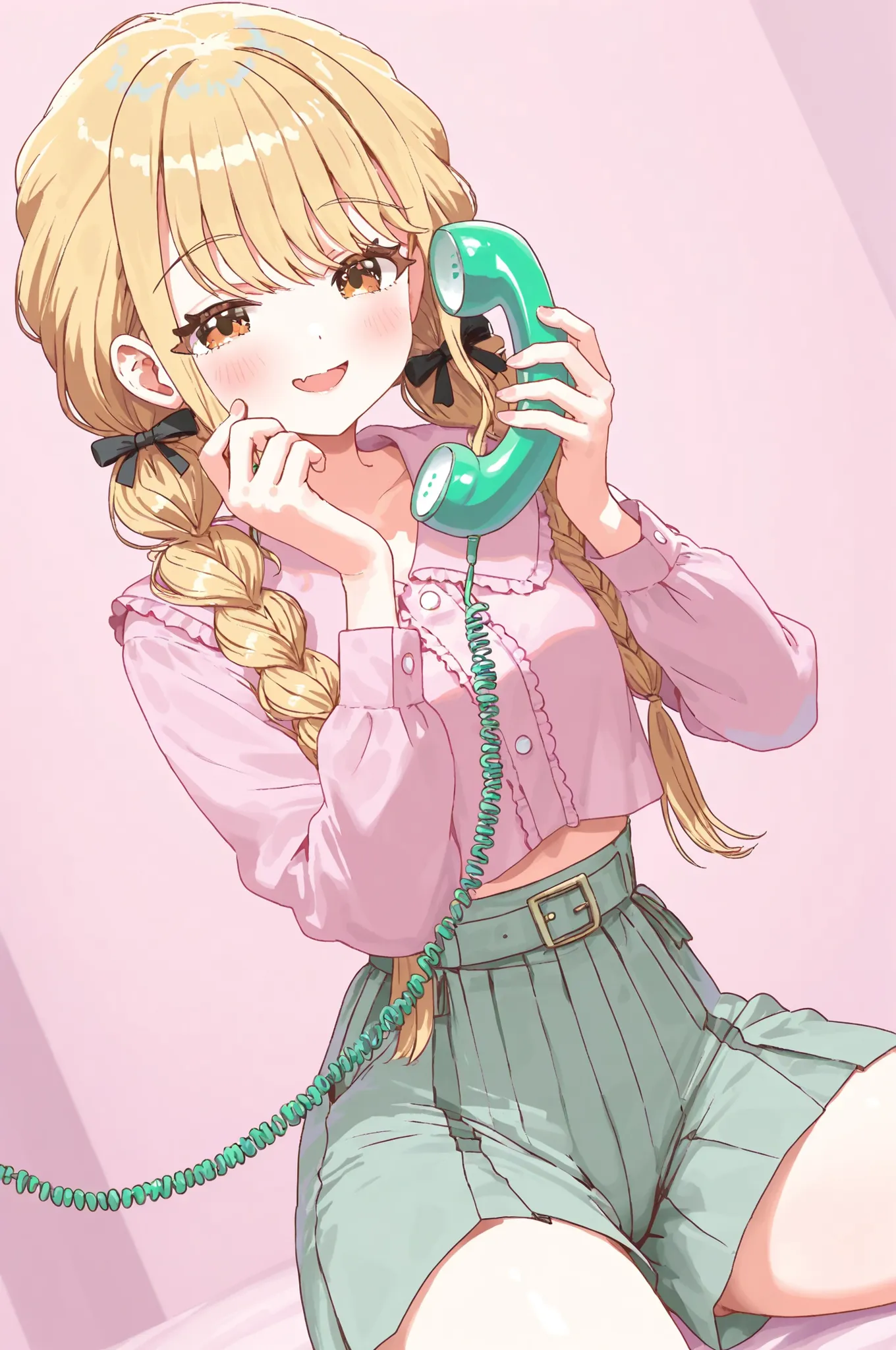 1 girl　Fujita Kotone Voluminous Hair Long Lashes Blonde Braided Pigtails Happy Look　is the cutest in the world　Pink Blouse Black Culottes Girly Room Background Pink Color Palette　Pastel Green Phone to Make a Phone Call Perfect Pose Masterpiece High Definit...