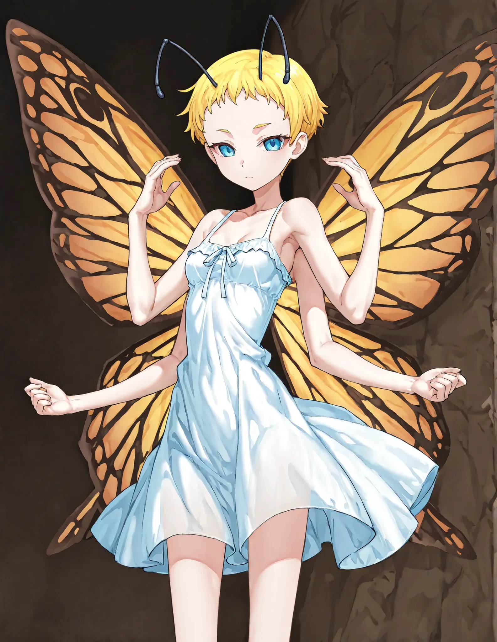 1girl, solo, Yar, Yars' Revenge, an anime girl with blonde hair, very short hair, antennae extending from back of head, insect wings, 4arms, 4arm, top hands, bottom hands, wearing a stylish sundress, small breasts, bare shoulders, sleeves, bare thighs, ski...