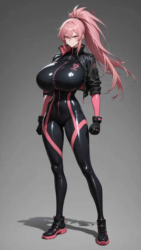 (score_9, score_8_up, score_7_up, 2zdxxps), simple background, solo, full body, gigantic breasts, (1girl:1.3), clothed female, huge female, slim, small waist, long legs, break tsurime, angry, arm at side, break ponytail, jacket, gloves, black jacket, bodys...