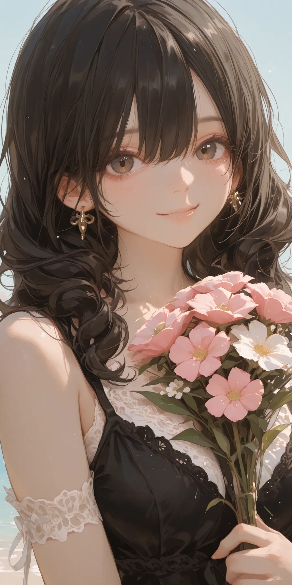 1 A beautiful woman, very long slightly curly black hair, soft chestnut-brown eyes, a gentle smile, a simple dress of soft material with a little rich small lace, holding a bouquet of flowers with various flowers in her hand, the background is a beautiful ...
