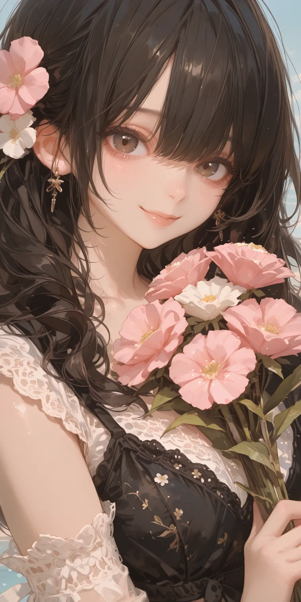 1 A beautiful woman, very long slightly curly black hair, soft chestnut-brown eyes, a gentle smile, a simple dress of soft material with a little rich small lace, holding a bouquet of flowers with various flowers in her hand, the background is a beautiful ...