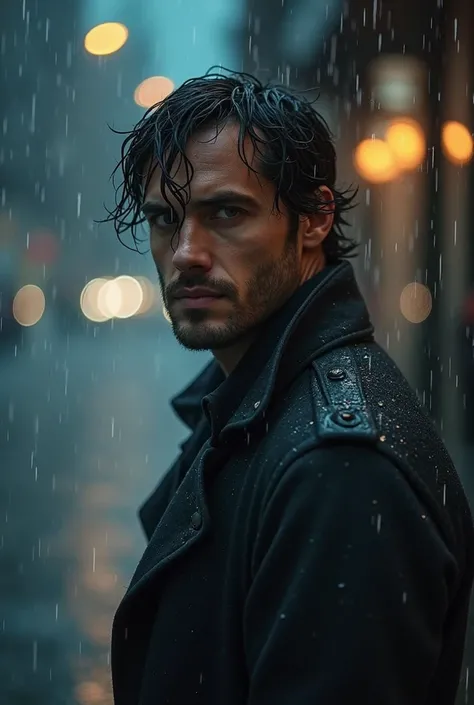 Here’s a cinematic prompt you can use for generating an image of a man standing in the rain:


---

Prompt:
"A cinematic portrait of a man standing in the rain at night, drenched but composed, with water dripping from his hair and clothes. He wears a dark ...