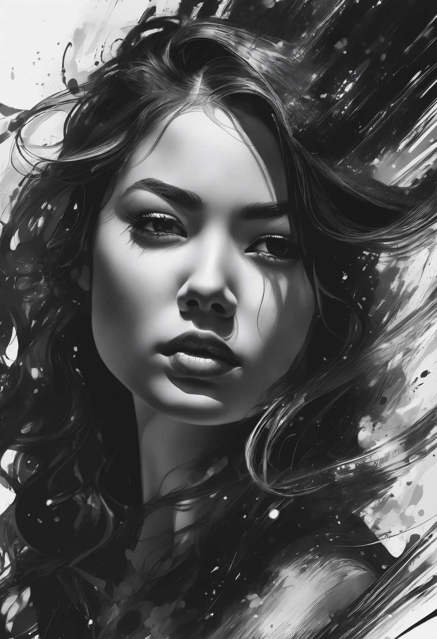 1girl, black and white ink drawing, hyperrealistic, splash art, concept art, mid shot, intricately detailed, dramatic, 2/3 face angle, best quality, ultra-detailed, high contrast, fine lines, expressive brush strokes, mesmerizing, bold composition, stunnin...