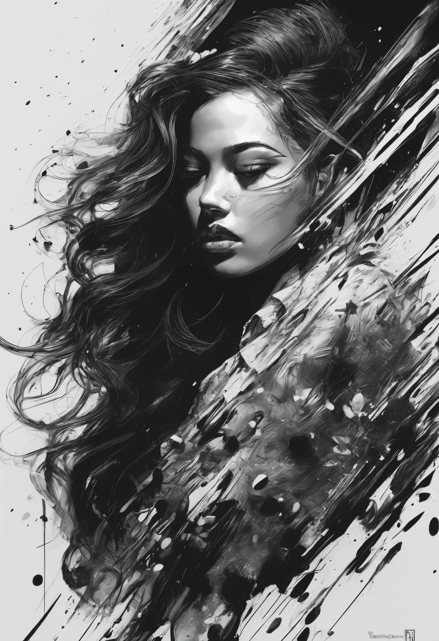 1girl, black and white ink drawing, hyperrealistic, splash art, concept art, mid shot, intricately detailed, dramatic, 2/3 face angle, best quality, ultra-detailed, high contrast, fine lines, expressive brush strokes, mesmerizing, bold composition, stunnin...