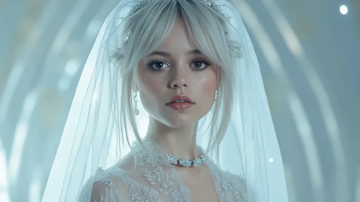 Photorealistic full-body portrait of an ethereal woman with supernatural beauty, perfect proportions and graceful movements. Platinum silver hair with frost-veil effect, fine strands that blend with light background, hair flowing in soft waves with silver ...