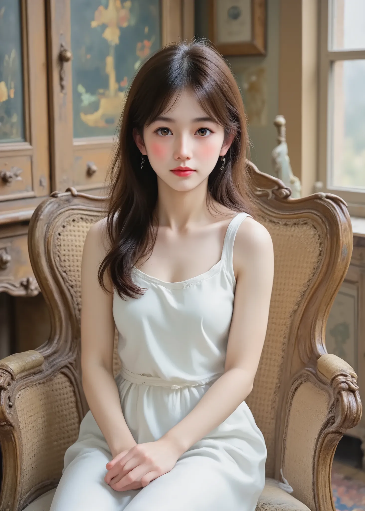 1 little girl、sit on a rattan chair、looking slightly obliquely ahead、 in an old mansion、old furniture、white dress、Oil Paint、