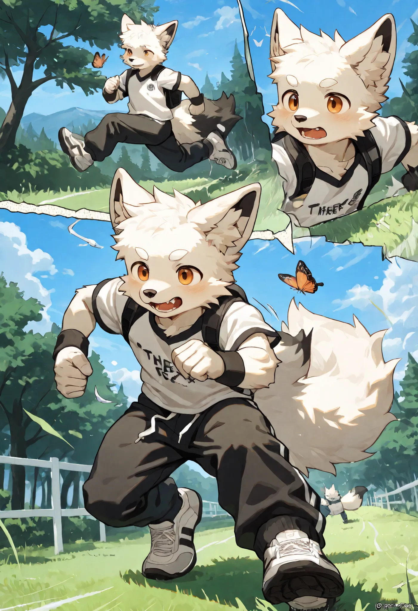 Athlete body, commission for high res, anthropomorphic, there is a white fox, boy, young fox, fluffy, furry, wearing looses old clothes, pauper, (Bright and gentle), running stance, running movement, adorable, view from beside, Chasing the Butterfly.