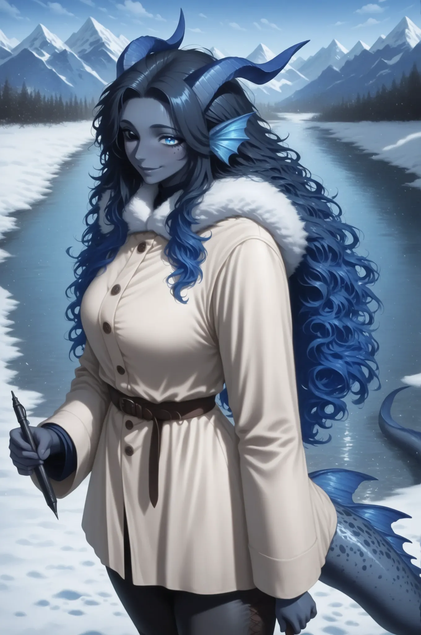 Kedra, dark blue-gray skin , dressed in a white wool coat, all covered with wool with a fur collar, the long tail at the back, one black eye and the other (pen, the eye is glittered with a blue horizontal thin long highlight). She walks through the snow, falling into the snow next to a frozen and icy river, Bright blue prickly flowers grow from under the snow. Against the background of snowy mountain peaks, A cheerful look and a light smile on the face. light illuminates snow in the air. Beautiful clouds reflect in the water. high detail. high sharpness. Dramatic bright lighting. Deep soft shadows.