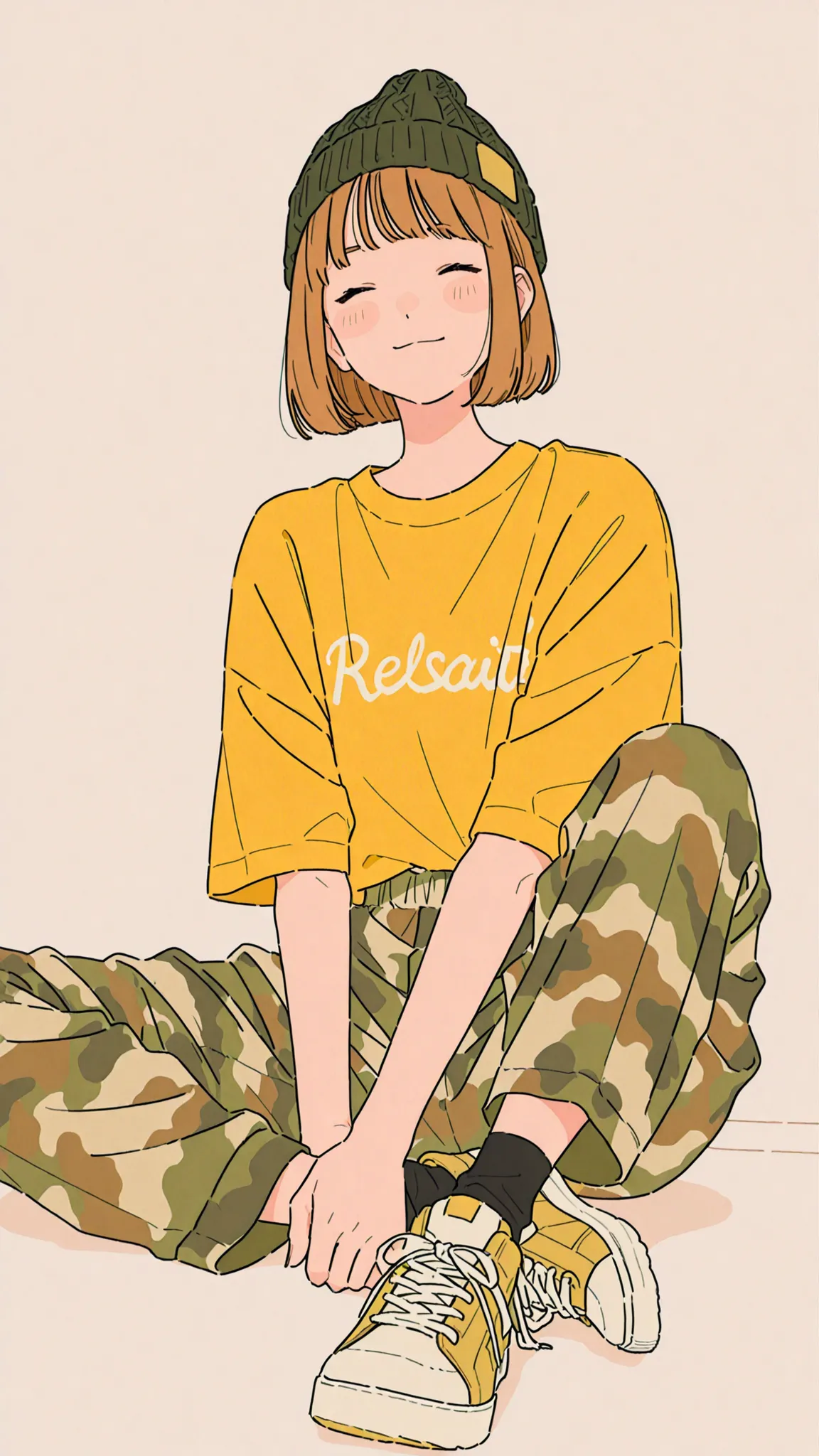 (((realism、real face)))、solo、One person、20Talented Man with Neutral Face、knitted hat、short bob、3/4 length camo pants、The khaki oneTshirt、black socks、 cute sneakers 、