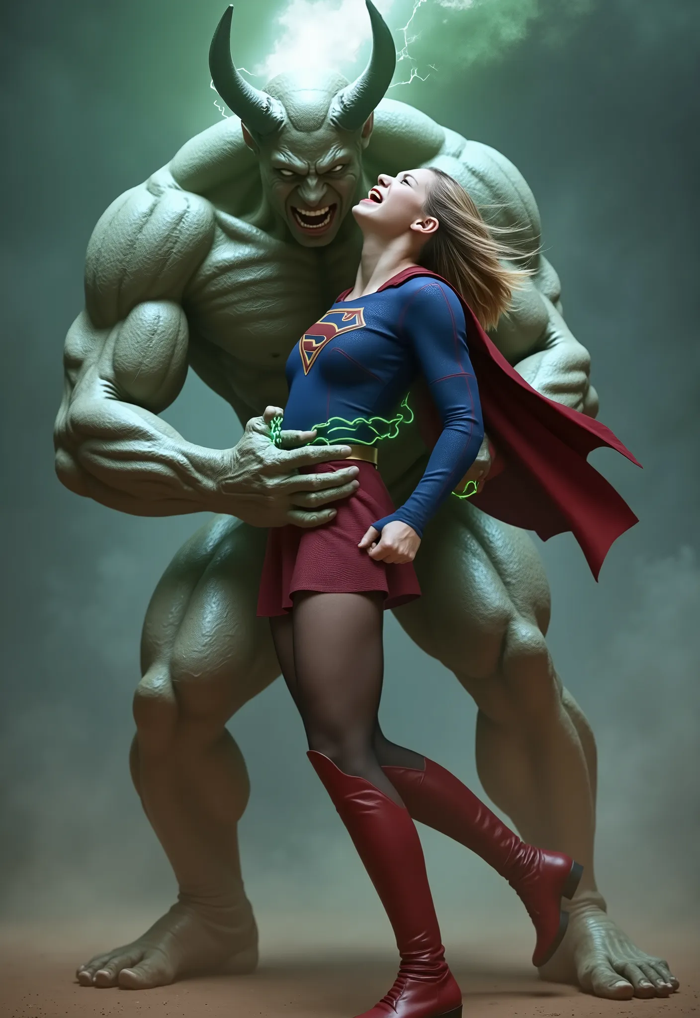 Melissa Benoist as Supergirl, fighting with a strong fierce devils, she push the devil's chest out, she is screaming in pain, painful face, screaming and shouting in pain, her arms are tied with green lighting chain, she is wearing a Supergirl costume, blu...