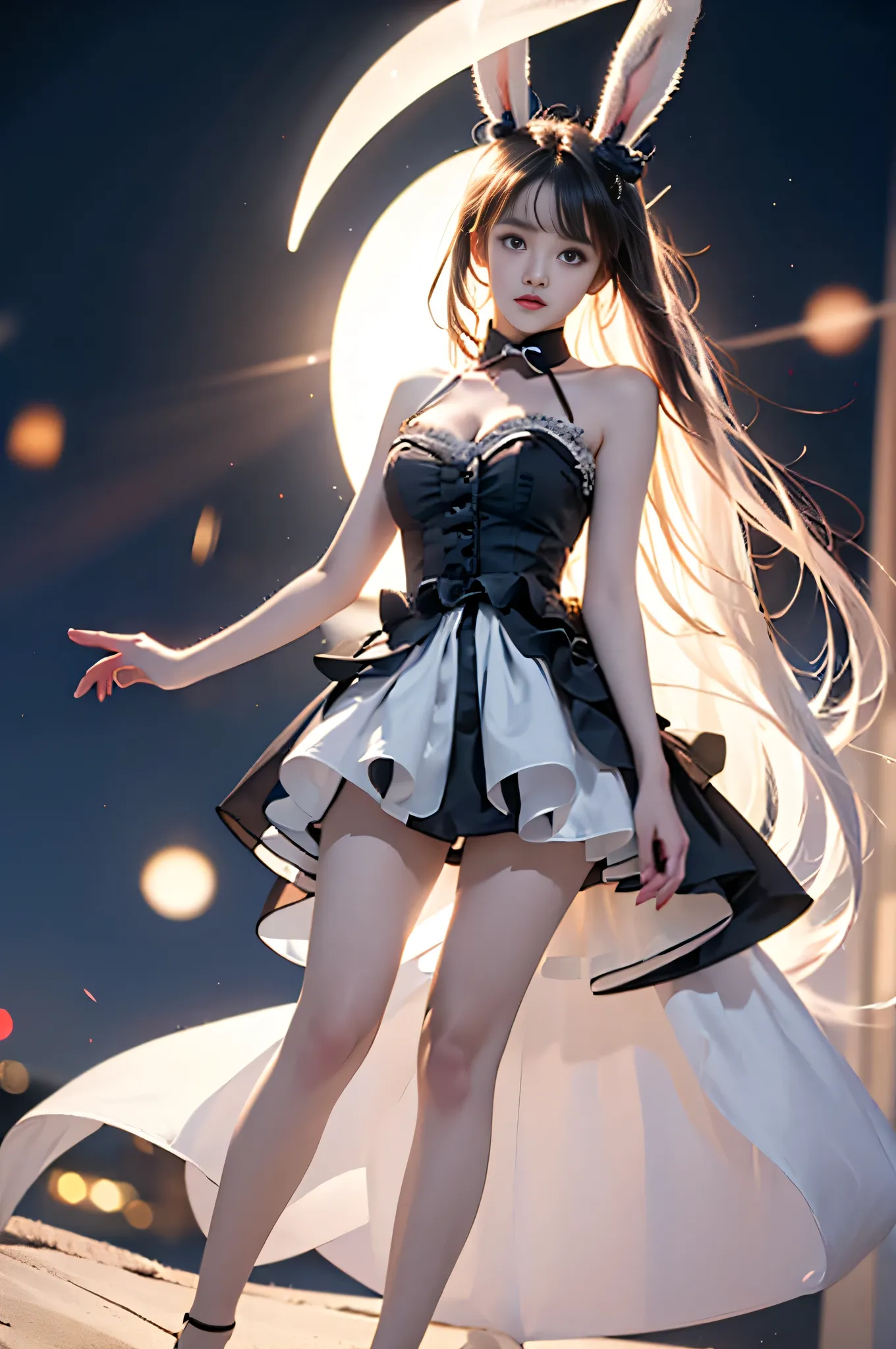 shimakazealice,sleeveless_dress,rabbit_ears,yellow_eyes ,,((full body, from below)), (masterpiece, best quality, ultra-detailed, 8k), realistic, a beautiful sexy long-legged model ((Random scene)), ((Random posture)), (I-type Valley), (Full breasts, visibl...