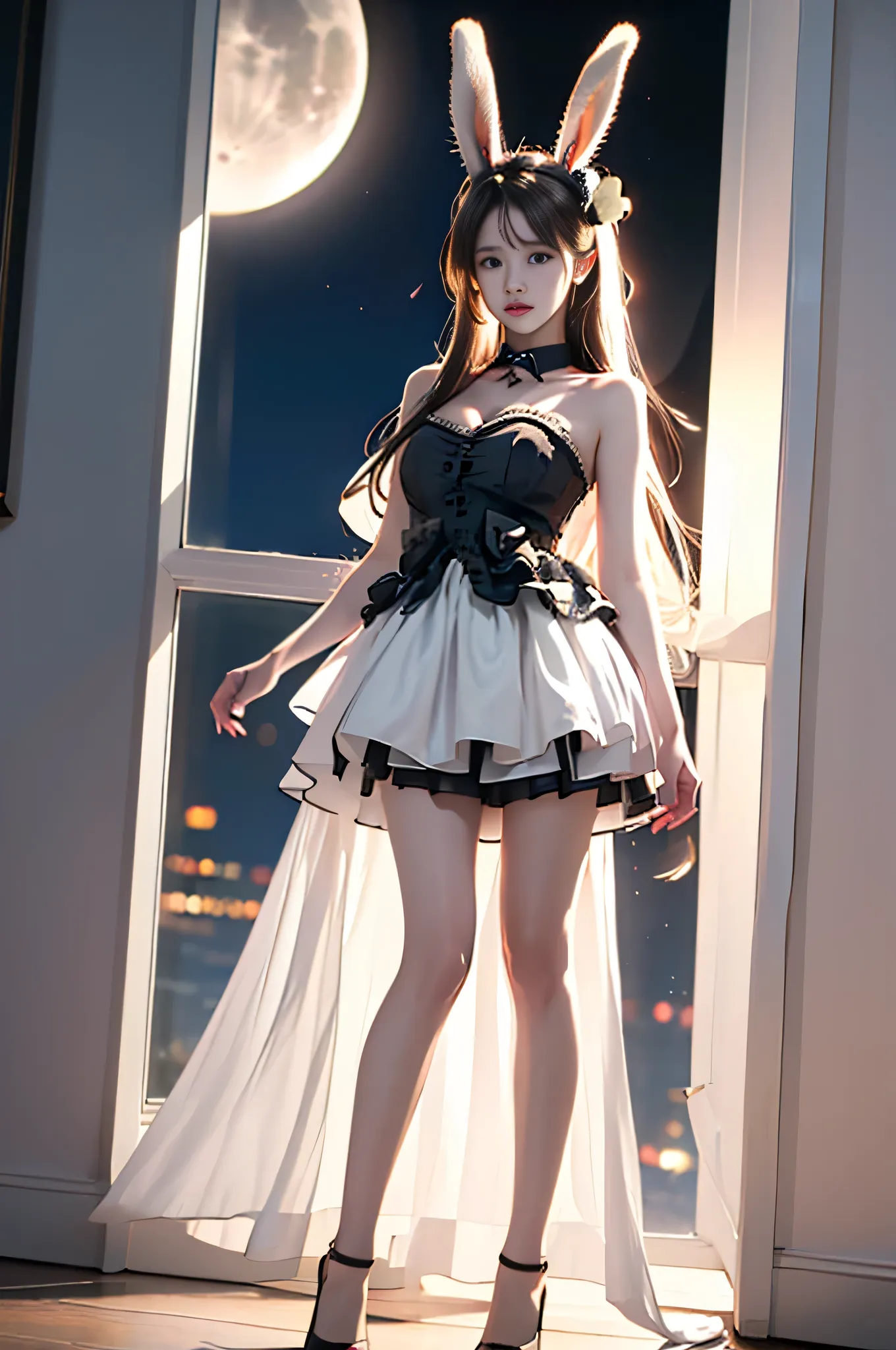 shimakazealice,sleeveless_dress,rabbit_ears,yellow_eyes ,,((full body, from below)), (masterpiece, best quality, ultra-detailed, 8k), realistic, a beautiful sexy long-legged model ((Random scene)), ((Random posture)), (I-type Valley), (Full breasts, visibl...
