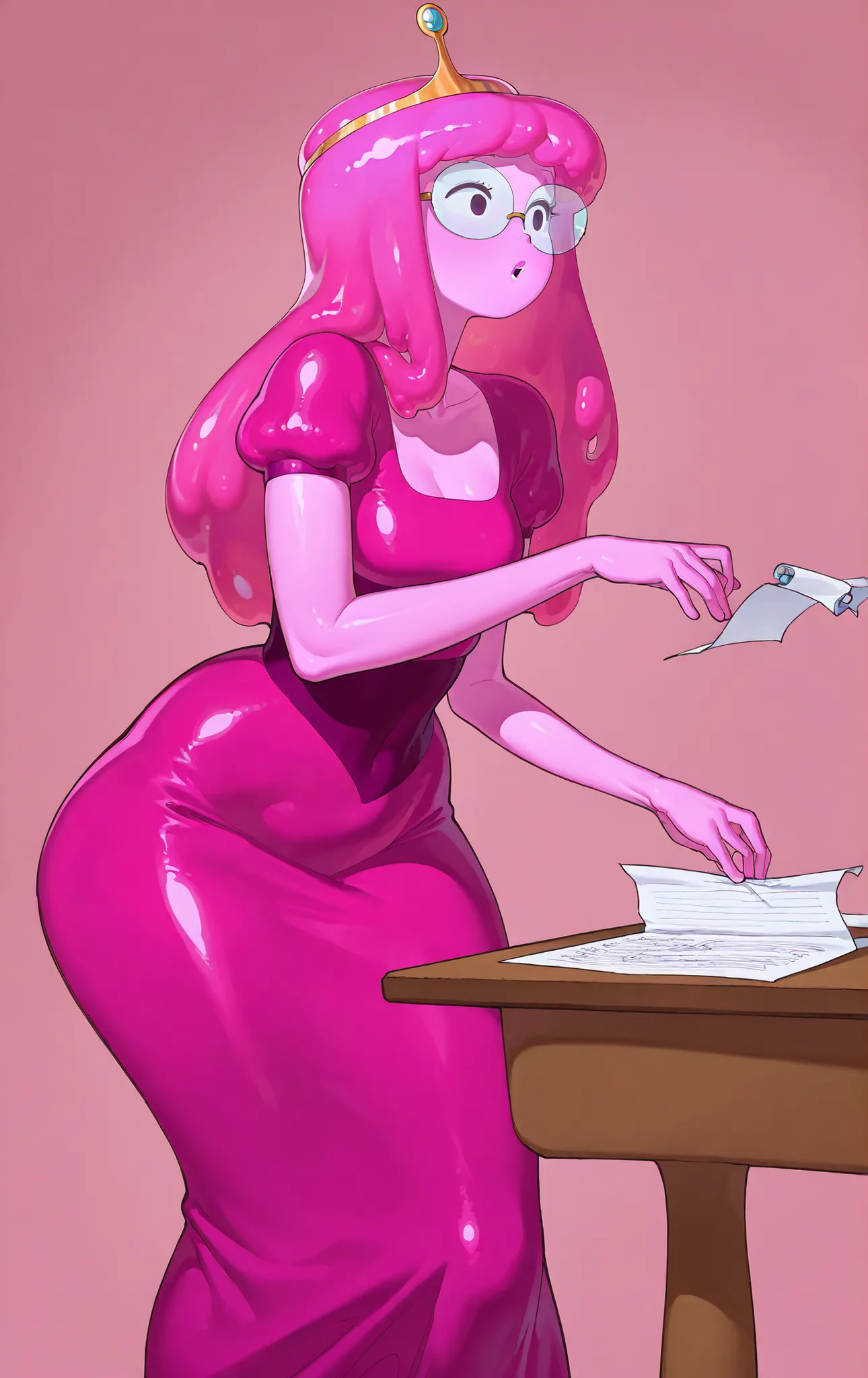 High quality, 1 girl, Princess Bubblegum ((Princess Bubblegum )) from Adventure Time, big hips, cout dress, She is in a laboratory, with a board in her hands, taking notes, with glasses, facing forward, a desk in front of her looking at us, Fund a laborat...