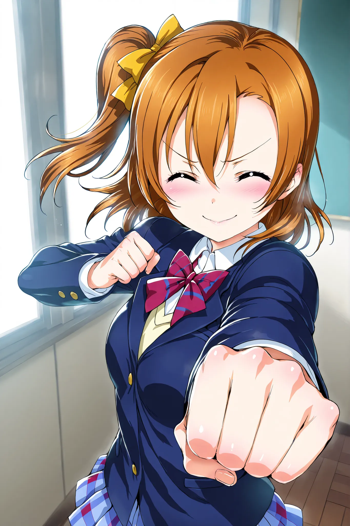 Hisasi,masterpiece, best quality, ultra-detailed, 1girl, love live, school clothes,IncrsPunchMeme ,incoming punch, Kousaka honoka,cold smile, closed eyes