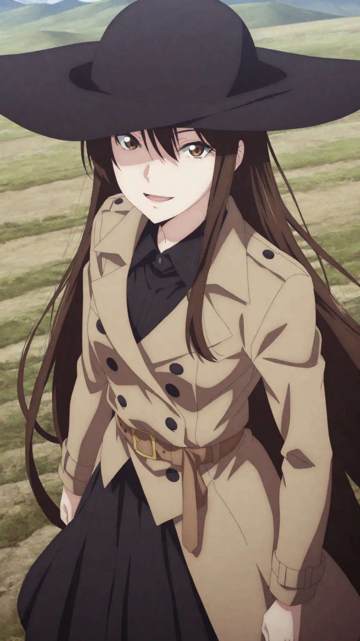 kazuki,ishura
High quality ,  best quality , masterpiece,  High Resolution ,,anatomically correct,,anime Coloring
solo, 1 girl, Beautiful women, adult women, cool women,
, very long hair, brown hair, brown eyes,, black Wide brim hat , hair between eyes ,sm...