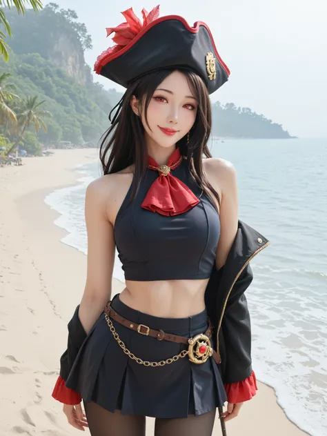  sleeveless,Show me your armpits,sweat,Rating_Safety, Intricate Details,  Royal Fortune, black hair, Tentacle Hair, long hair, Red Eyes, Black Pirate Hat, side boob, red ascot, red skirt, Bare Shoulders, big boobs, black jacket, black pantyhose, Thorn Pant...