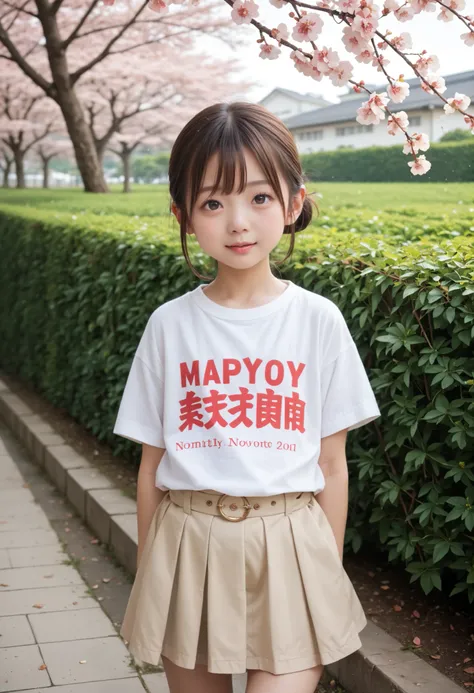8k,masterpiece,Japanese,9 year old girl,hanging out,innocent face,gentle eyes,child dish,Tees,Short Sleeve,short skirt,hanging out半長い,noon,Bright,cherry tree